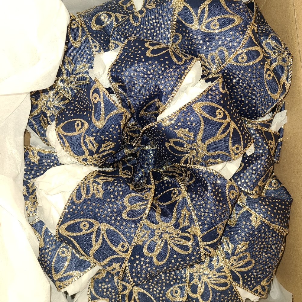 Blue & Gold Glitter Christmas Tree Topper Bow
